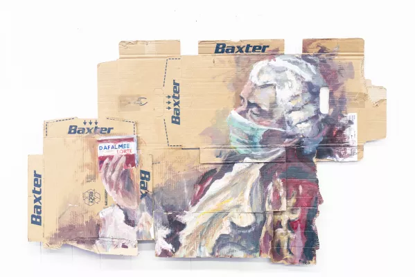 Een barokke man geschilderd op baxter dozen. Het dafalgan doosje leest als: dat valt mee. 