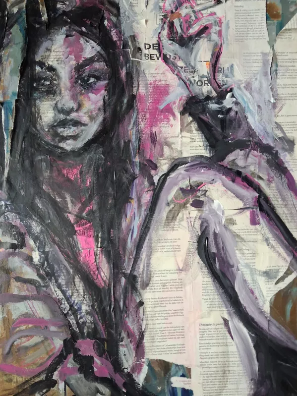 een vrouw truggetrokken in het schilderij. Geschilderd op boeken. 
