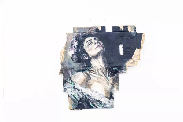 Een schilderij op medisch karton. Het moment waarop men duidelijk overgeeft aan de bahandeling en daar in berust. Een barokke vrouw wordt hierin als subject voor de emotie gebruikt. 