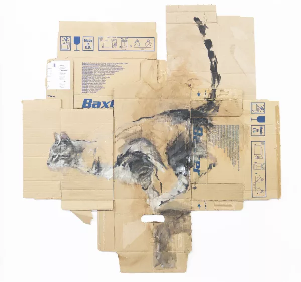 Een schilderij van een kat op medisch karton. Gefragmenteerd. 