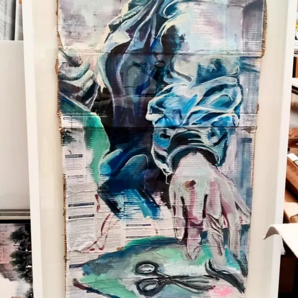 een schilderij van een chirurg gemaakt op bijsluiters