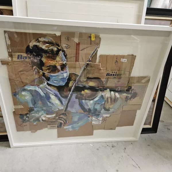 schilderij op medidsch karton van een man die viool speelt