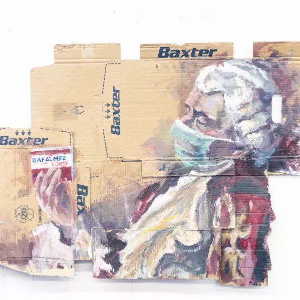 Een barokke man geschilderd op baxter dozen. Het dafalgan doosje leest als: dat valt mee. 