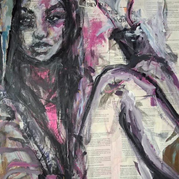 een vrouw truggetrokken in het schilderij. Geschilderd op boeken. 