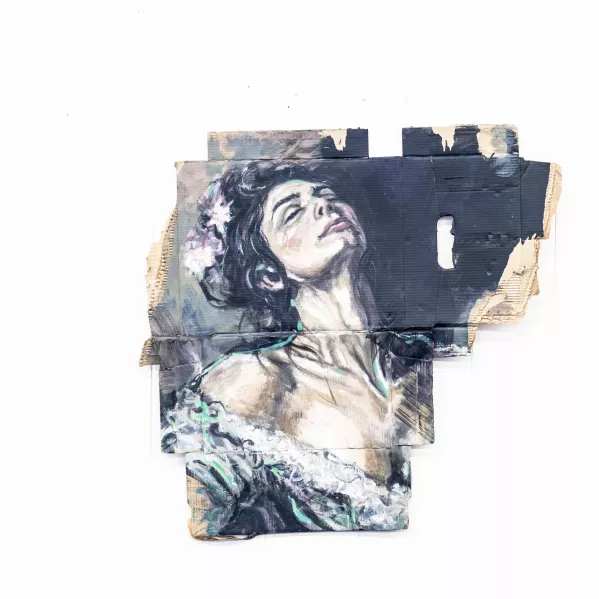Een schilderij op medisch karton. Het moment waarop men duidelijk overgeeft aan de bahandeling en daar in berust. Een barokke vrouw wordt hierin als subject voor de emotie gebruikt. 