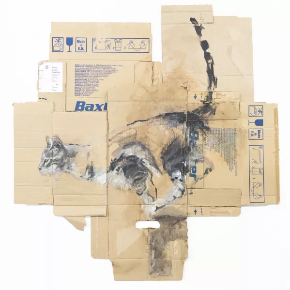 Een schilderij van een kat op medisch karton. Gefragmenteerd. 